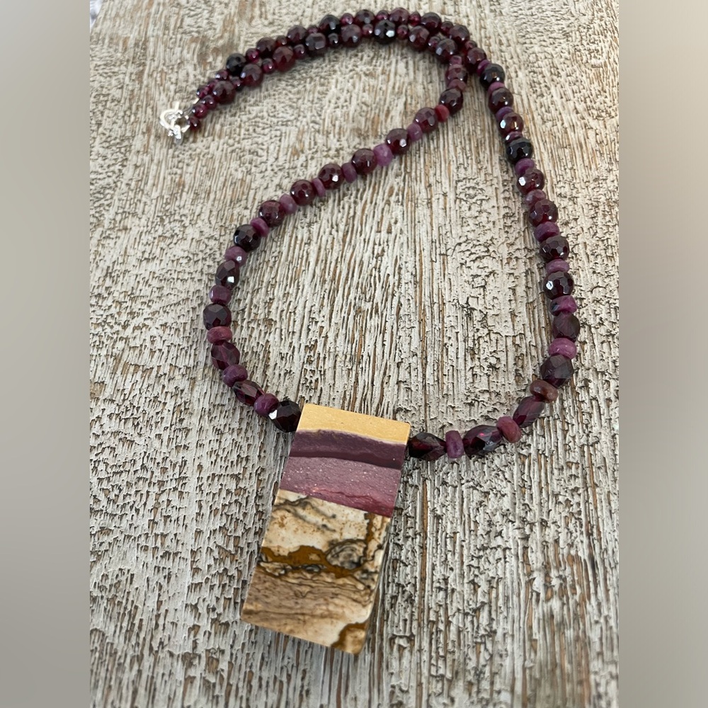 Large MOOKAITE, PICTURE JASPER PENDANT on Ruby & garnet NECKLACE. S.S.